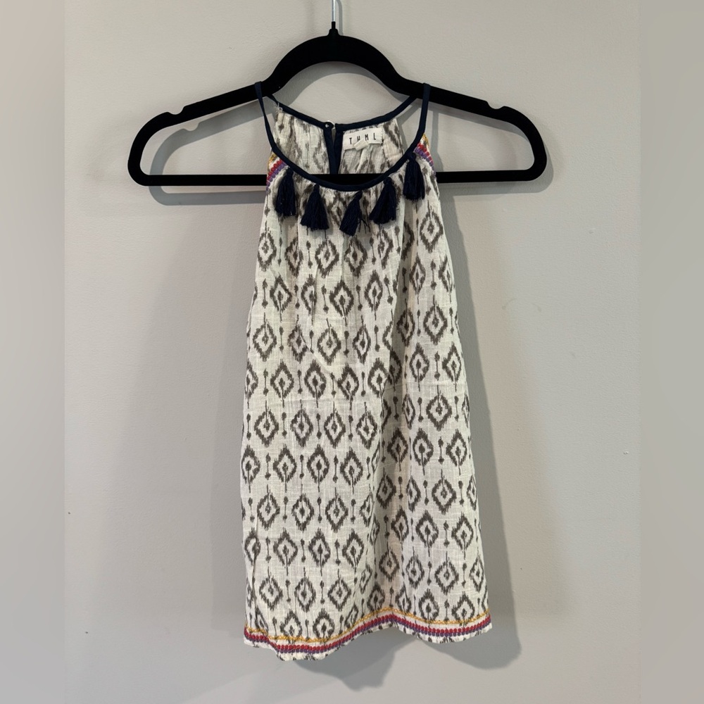 THML Black and White Geometric Halter Top with Tassels